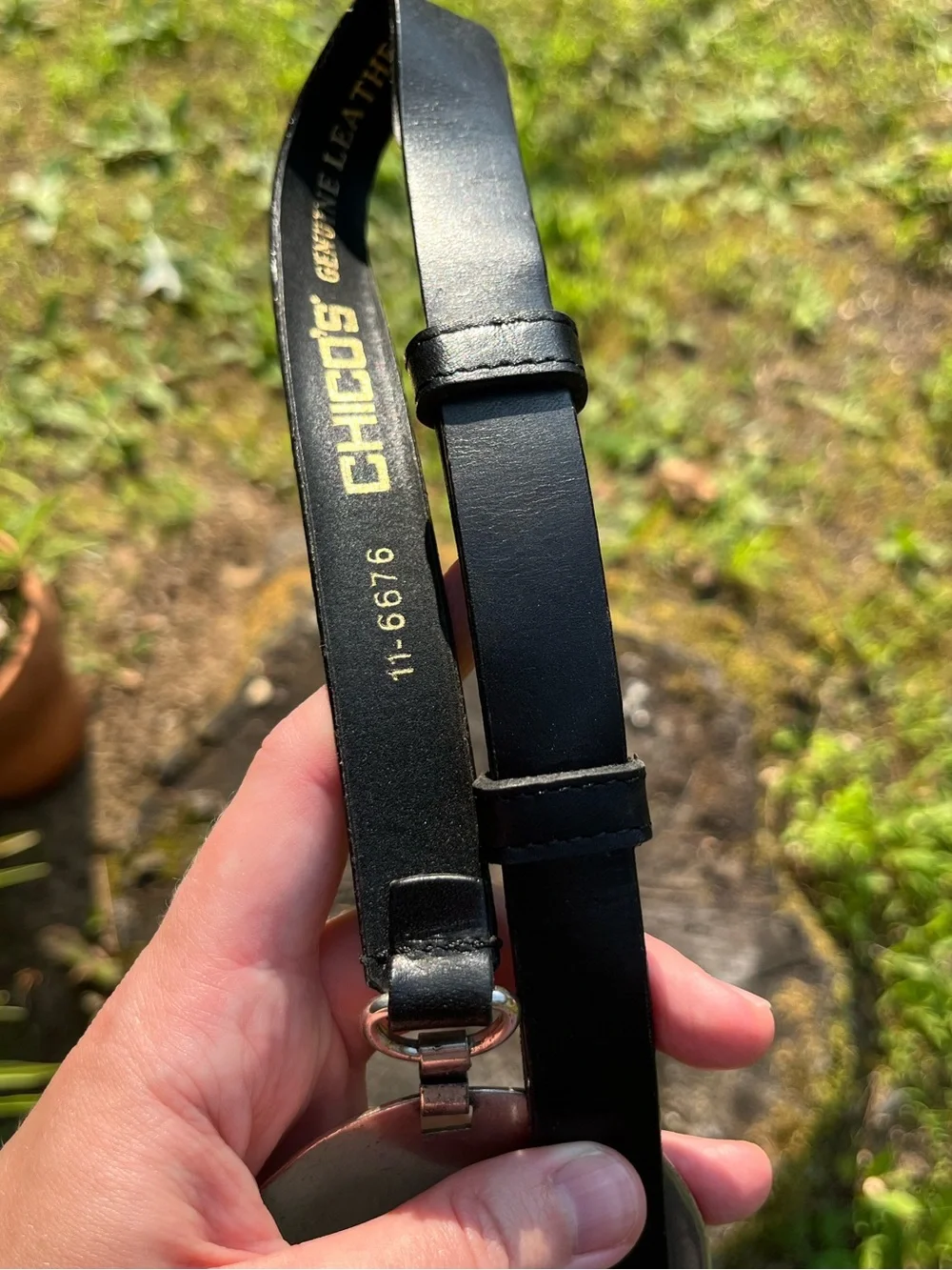 Chico’s Genuine Leather Silver-Toned Medallion Belt Black Boho Festival *Flaw*